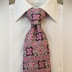 Emilio Pucci Pink, Gray and Black Silk Tie with Floral Geometric Print